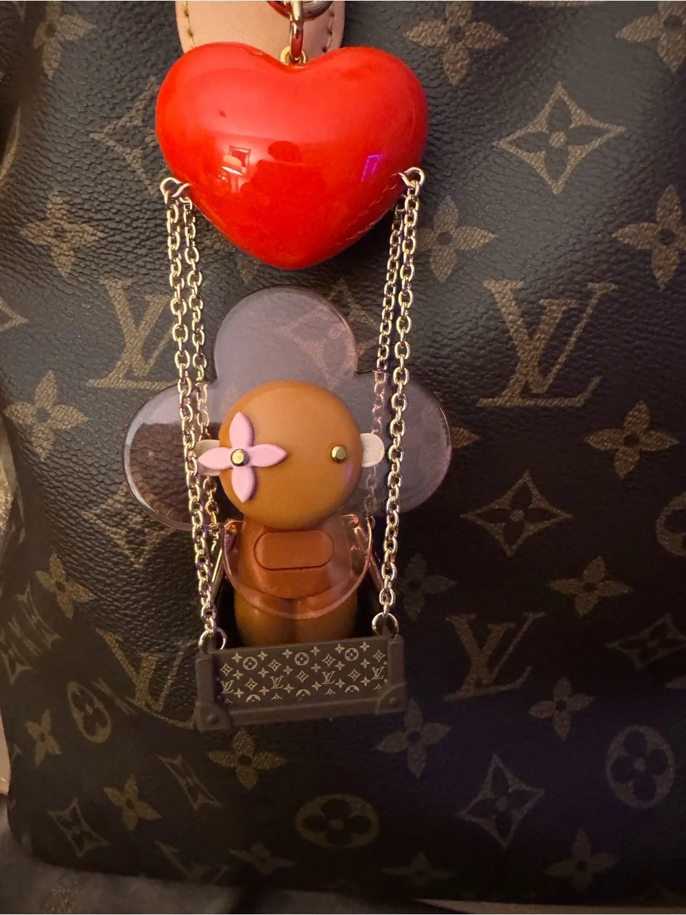 Louis Vuitton Red Heart and Tan Charm Key Holder